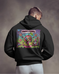 heavy blend™ full zip hooded sweatshirt in black. rectangular design in the middle. largest left to right. Featuring a colorful psychedelic graphic with the text 'Cherry Stripez' and 'Hermit's Delight.' The design shows a melting skull-shaped cherry with a psychedelic eyeball, surrounded by candy, stars, and lollipops, with a wizard-like character in the bottom right corner. Bold, neon colors in pink, green, yellow, and purple give it a vibrant, surreal loo